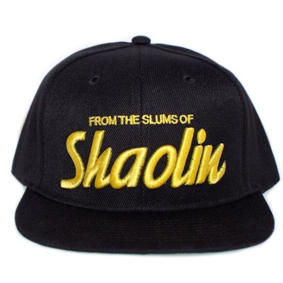Shaolin Snapback Hat From the Slums Flat Brim Black Adjustable Cap Gold 3D Retro